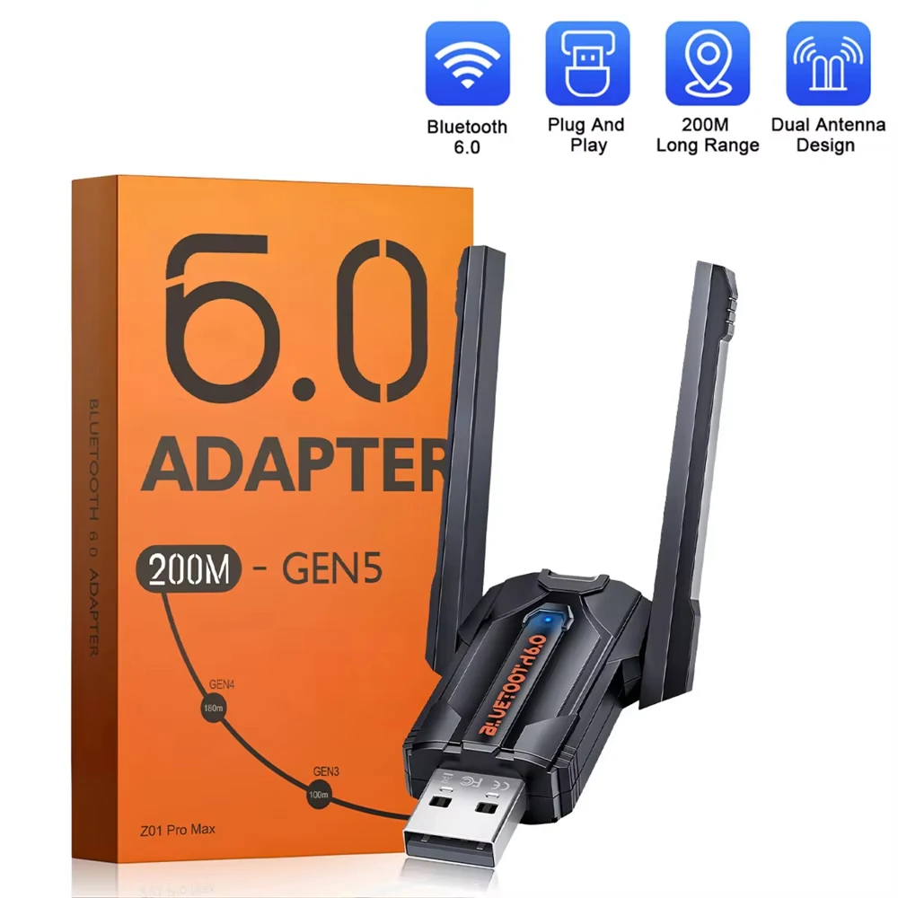 Electop Bluetooth 6.0 USB Dual-antenna Adapter Plug And Play 200M Transmitter for PC Wireless Mouse Speakers Music Audio Printer