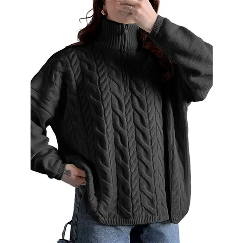 CYL-Women's Long Sleeve Half Turtle-Neck Sweater With Zipper Autumn And Winter Casual Ribbed Knit Pullover