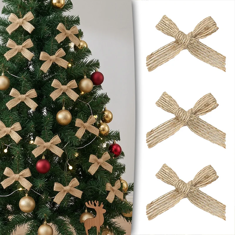 29/49/59Pcs Handmade Jute Christmas Bows 4cm Natural Burlap Twine Bowknots Mini Rustic Xmas Ribbon Bows for Gift Wrapping TMZ