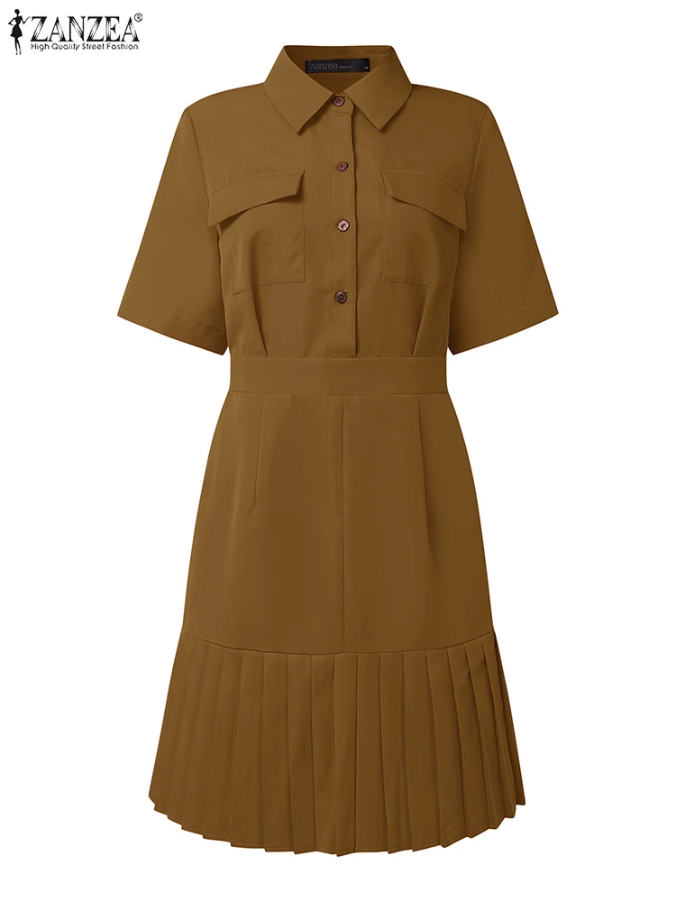 Sukienka damska ZANZEA na co dzień z krótkim rękawem, plisowana sukienka letnia z kołnierzykiem, jednolita kolorystycznie, krótka sukienka na imprezę, Vestidos Femme Robe, 2025