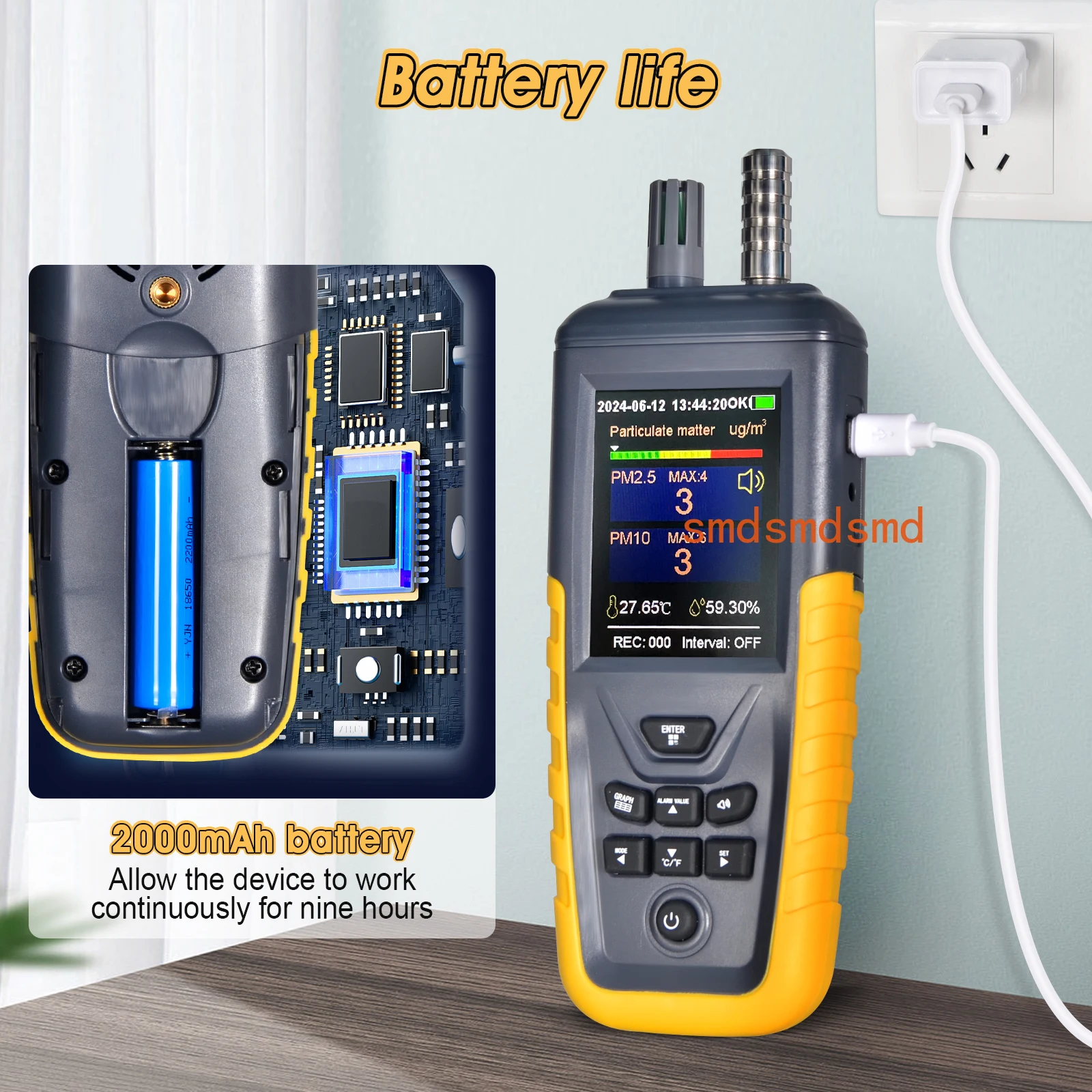 Dust Particle Counter PM2.5 Detector Air Quality Monitor 0.3/2.5/10μm 3-Channel Temp & Humidity 999 Data Records 9H Battery USB
