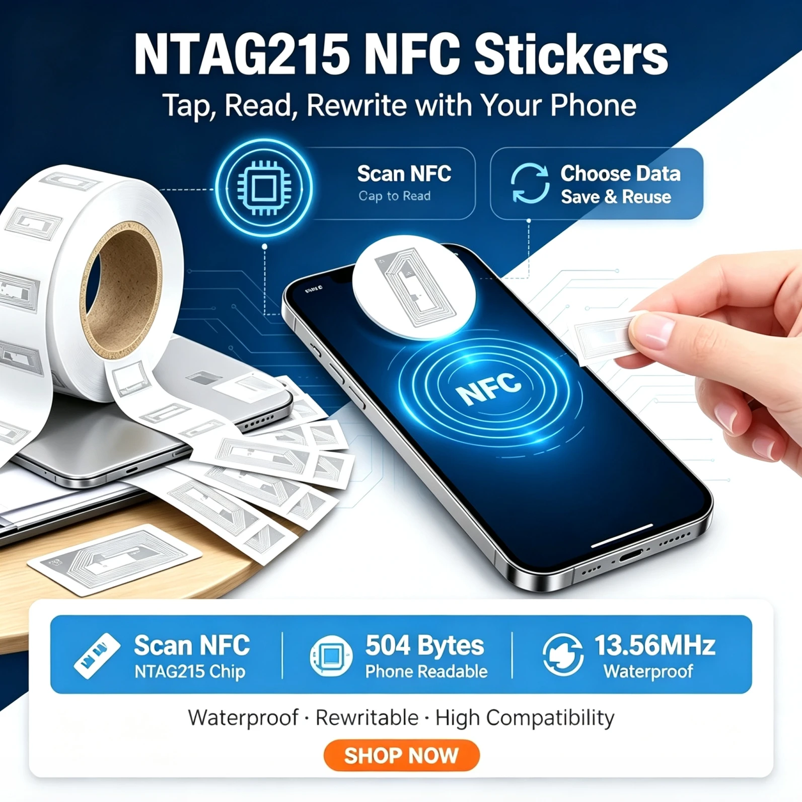 DIXSG Labels Sticker NFC Tags Stickers with NTAG215 Chip Clear Adhesive Blank Rewritable Work with All NFC Enabled Devices