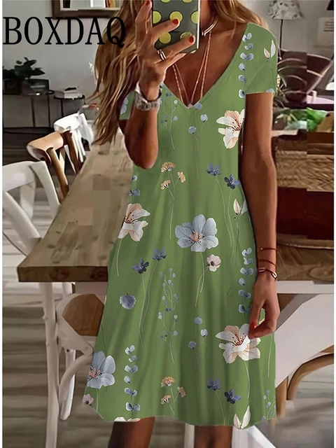 Women's Casual Dress Summer Plant Floral Print V Neck Midi Dress Vintage  Daily Short Sleeve Loose Plus Size Dresses 6XL Sundress - AliExpress