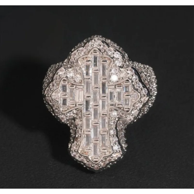 

Cross-Design Full Pavé Zirconia Ring – Silver Plated, Hip Hop Luxury Statement Jewelry with Baguette & Round Stones​ silver ring