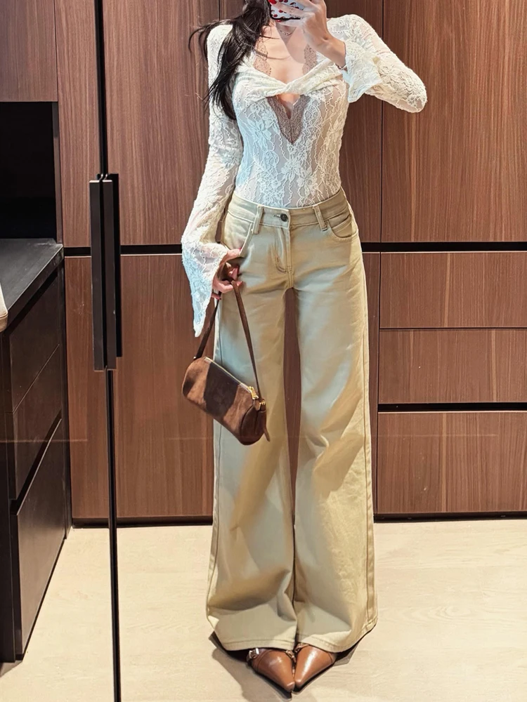 

American Retro Khaki Wide Leg Jeans Women's Low Waist Slimming Straight Cut Denim Pants Spring New Style Versatile Casual Jeans