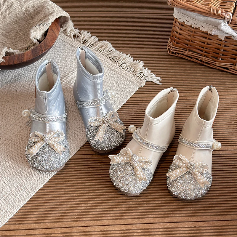 Autumn Girl's Princess Shoes Bowknot Crystal Zipper Exquisite Kid's Boots Solid Colors Anti-slip Charming Trendy Children Shoes