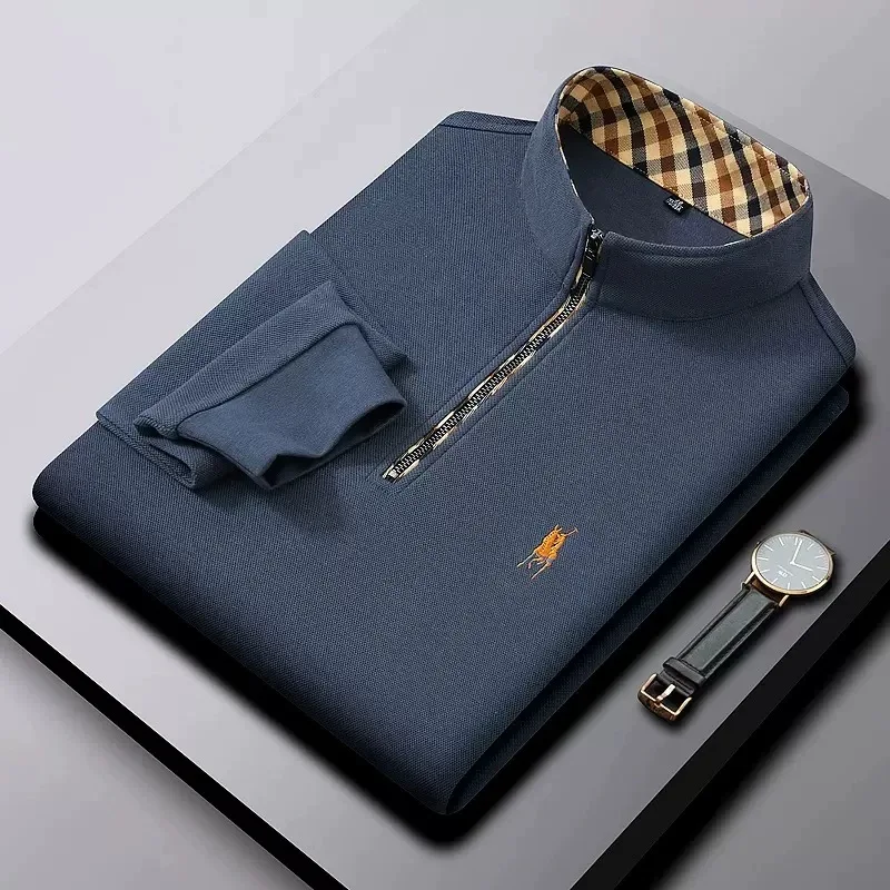 Luxury new Half Zipper Long Sleeve T-shirt 100% Cotton Brand Embroidered Stand Collar Men's Clothing Autumn Casual polo shirt