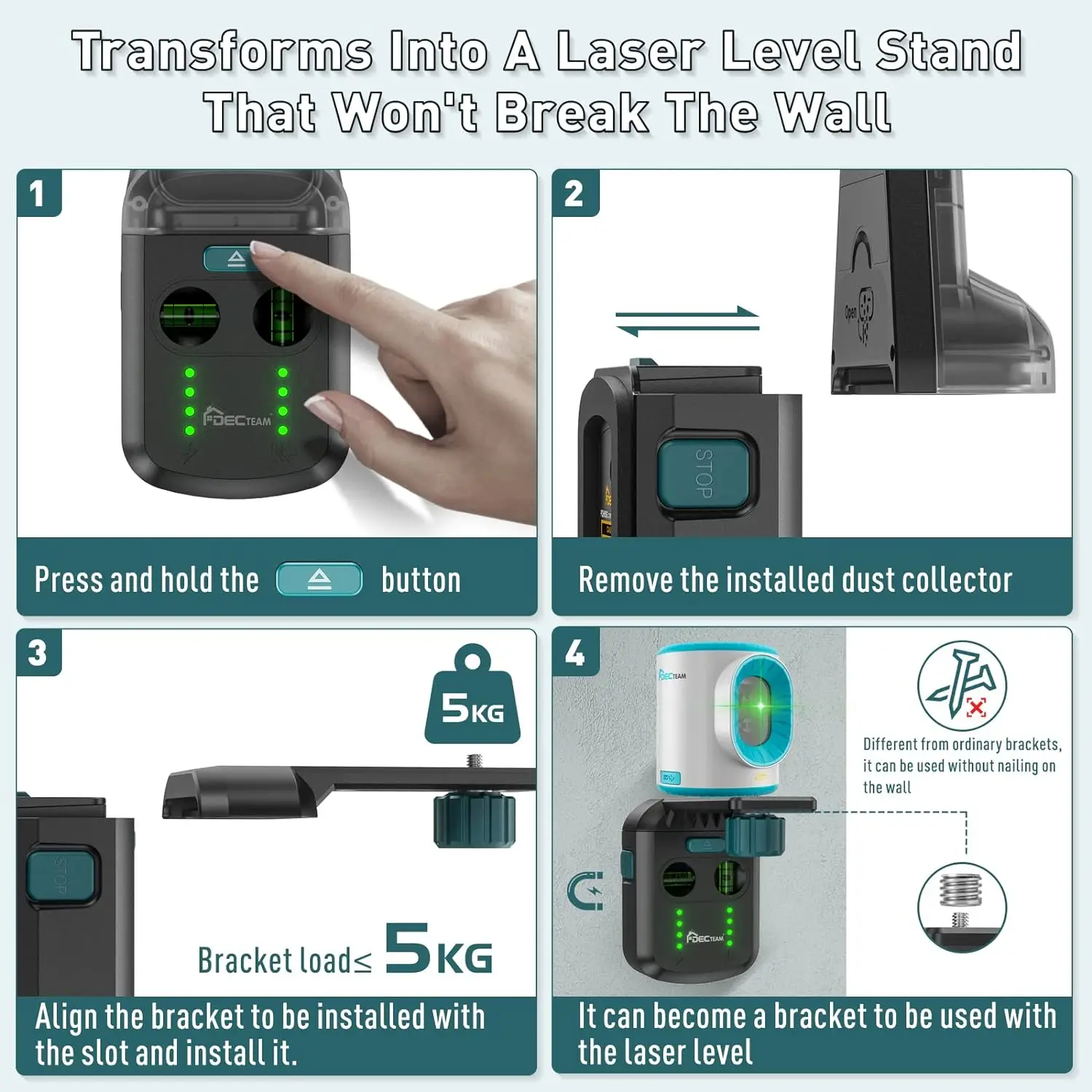 Decteam Laser Level Dust Collector With Linear Laser Electric Drilling Dust Collector Box Wall Suction Vacuum L drill Bracket