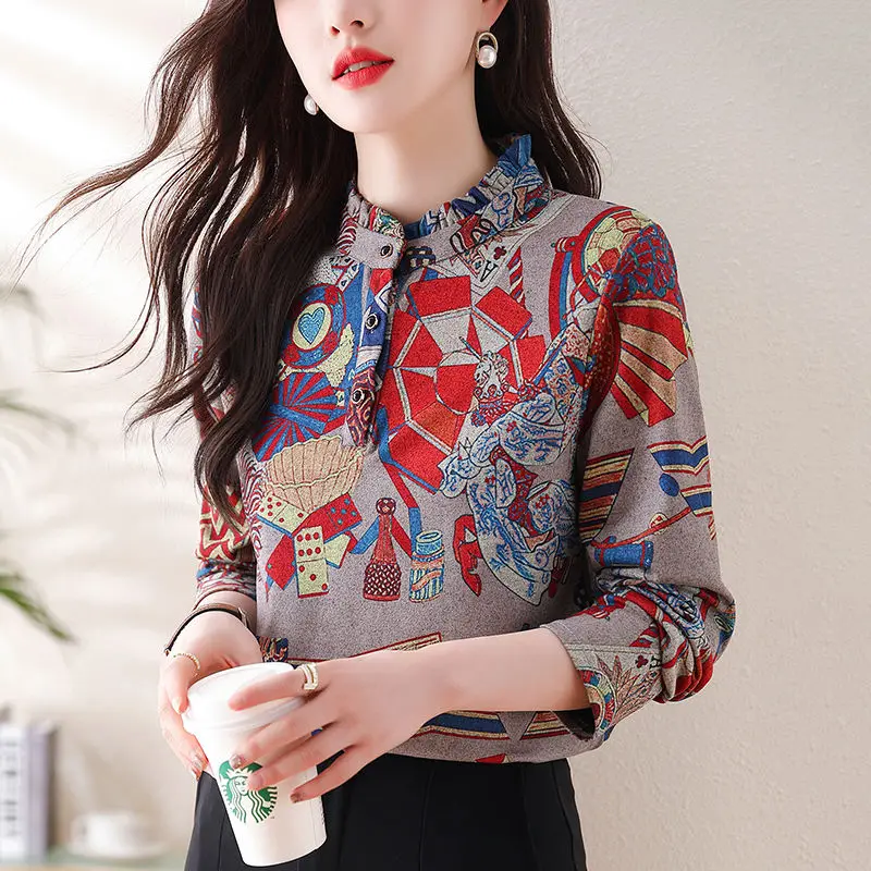 Women Spring Korean Fashion Vintage Print Ruffle Blouse Elegant Chic Stand Collar Shirt Long Sleeve Slim Tops Blusas Para Mujer