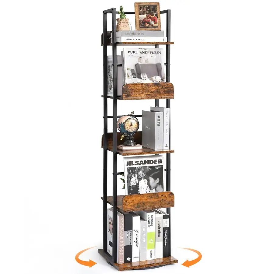 

Rotating Bookshelf, 360 Display Spinning Bookshelf Tower, 5Tier Narrow Bookcase, Tall Industrial Book Shelf Organizer, Small Co