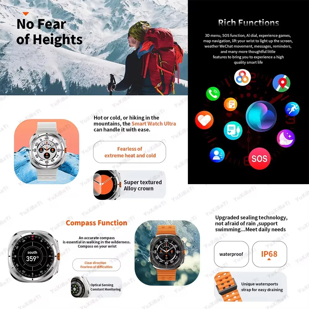 For Samsung Galaxy Watch 7 Ultra GPS Compass NFC Smart Watch Outdoor Sports Man AMOLED BT Call IP68 Galaxy 6 Upgraded Smartwatch