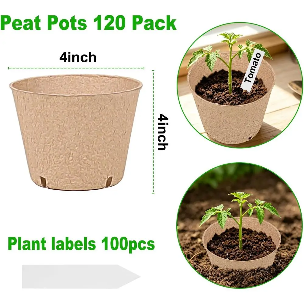 120 Biodegradable 4 Inch Pots with Drainage Holes and 100 Plant Labels for Garden Germination