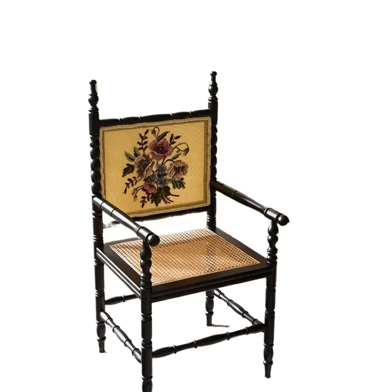 

French retro solid wood rattan chair, balcony living room single leisure chair