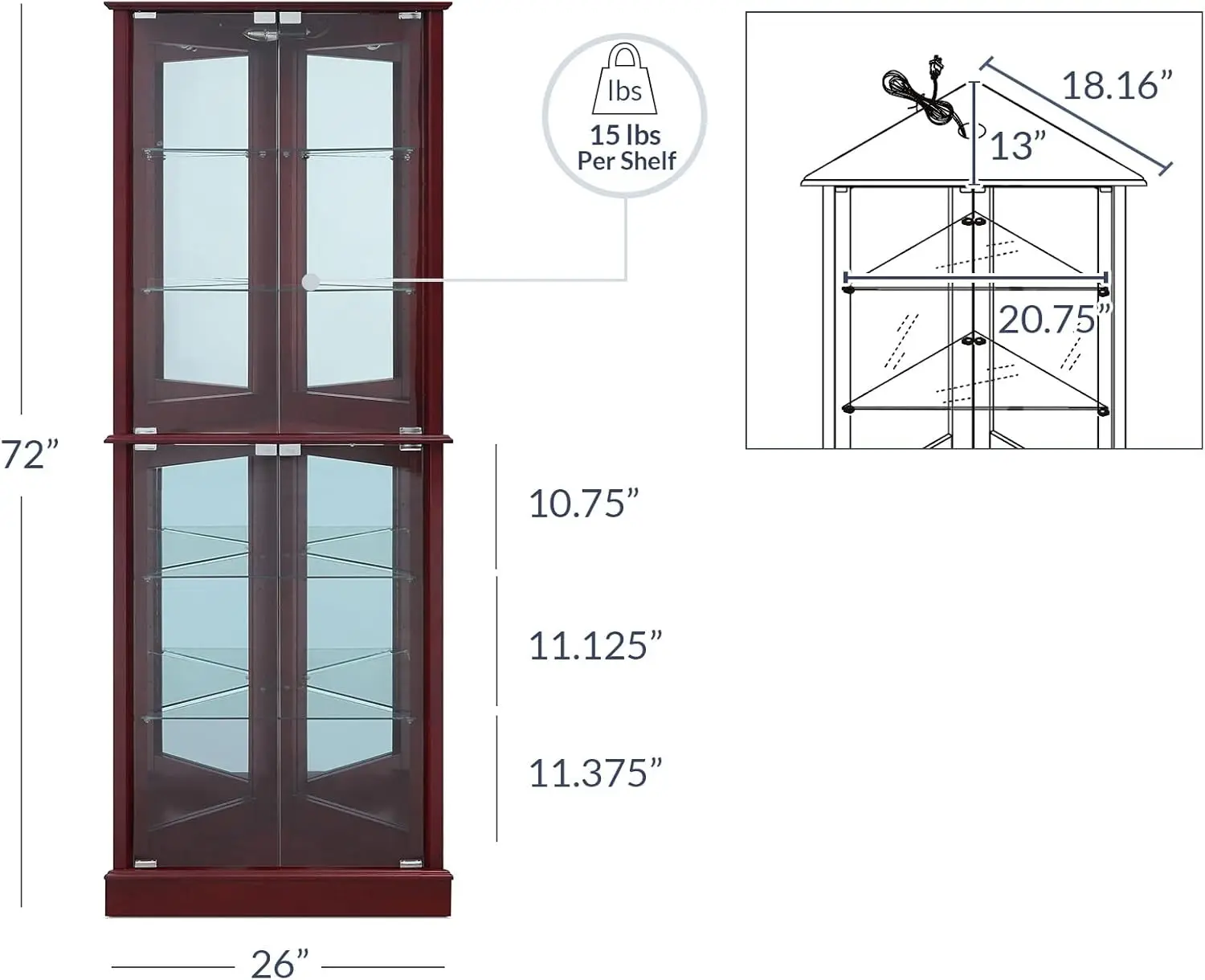 Lighted Corner Display Curio Cabinet Wooden Shelving Unit with Tempered Glass Door, Bar and Liquor Storage Area with 6 Shelves