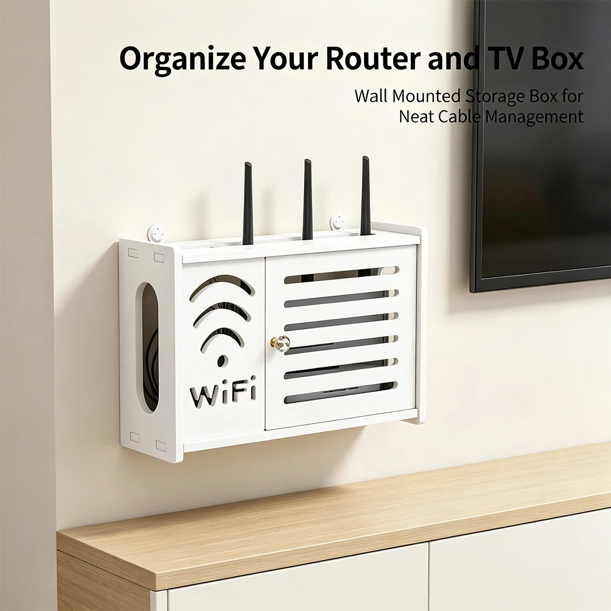 Wall-Mount WiFi Router Organizer Box, No-Drill Cable Management Shelf for Router, TV Box and Modem