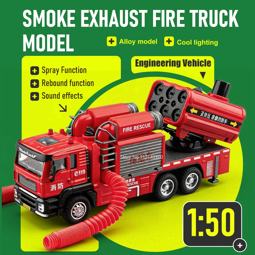 

Модель пожарной машины с функцией выхлопа дыма и подачи воды, масштаб 1:50, с музыкой и светом, металлический корпус, открывающиеся двери, инженерная техника, подарок для мальчиков