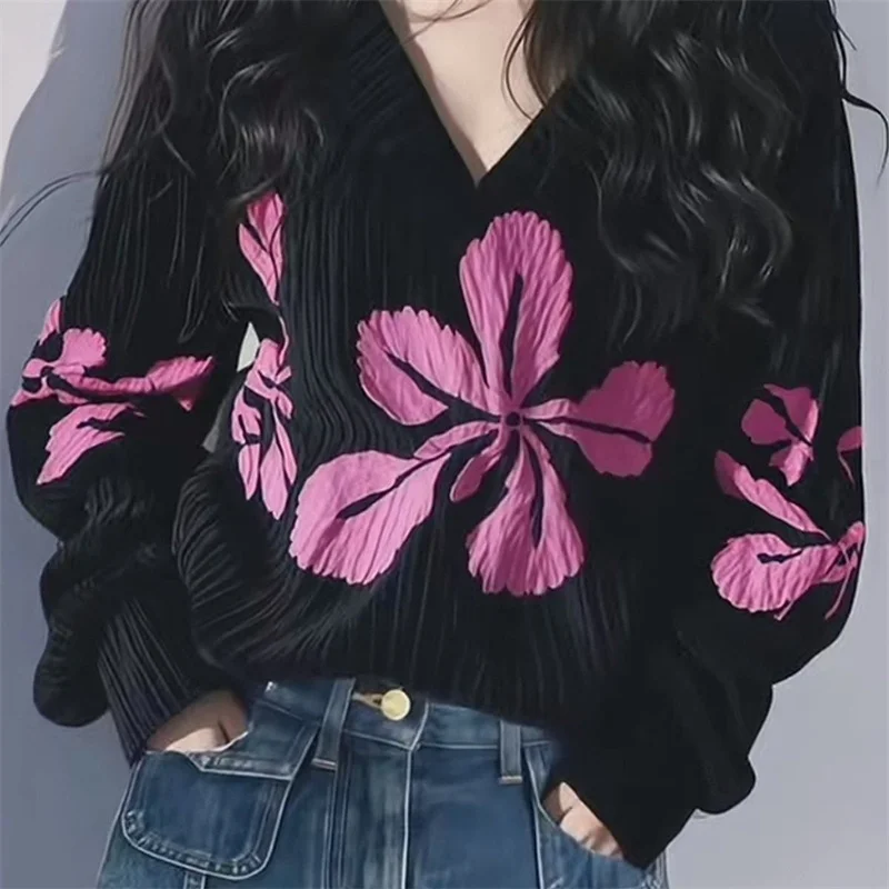 Damskie swetry dzianinowe 2026 wiosna jesień nowa kolekcja damskich czarnych swetrów z kwiatowym nadrukiem, modne luźne swetry z długim rękawem, płaszcze damskie