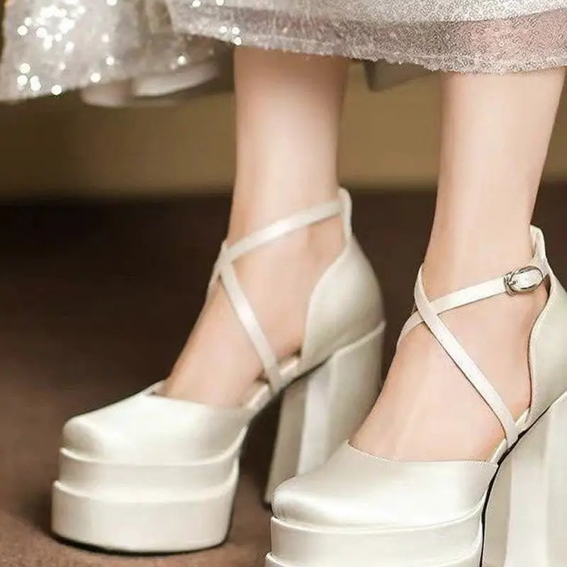 

Удобные свадебные туфли на высоком каблуке, непромокаемая платформа, свадебные туфли на толстом каблуке для помолвочных вечеринок, не умирающая обувь с квадратным носком