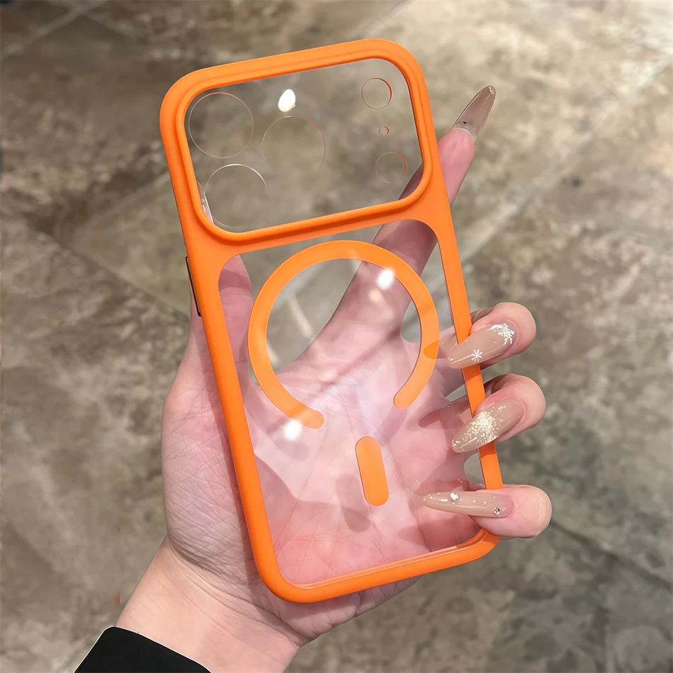 Para Magsafe botón de cámara Simple armadura a prueba de golpes funda naranja para iPhone Air 16 17 Pro Max cubierta transparente dura de negocios magnética