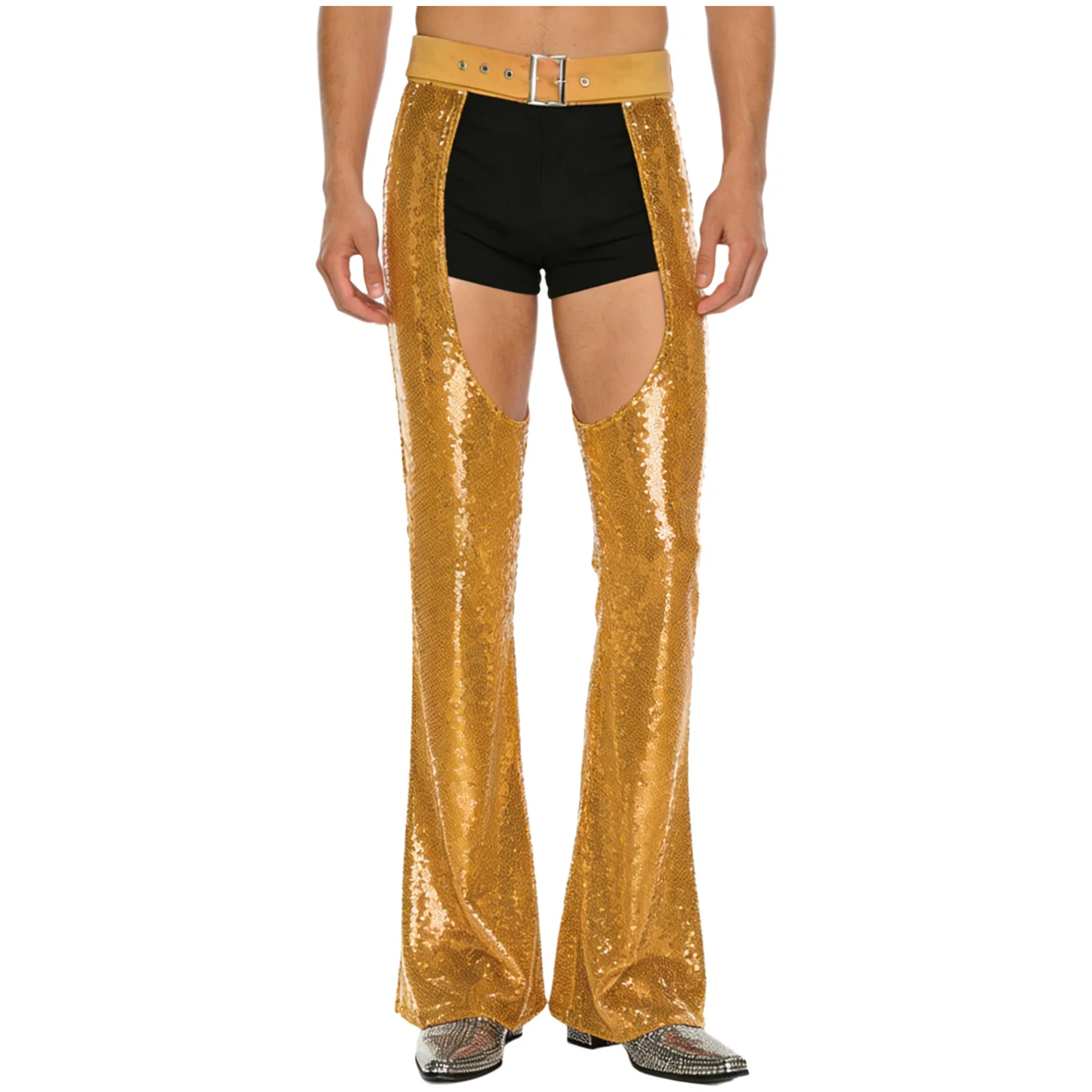 

Mens Glittery Sequin Cowboy Chaps Pants Adjustable Waist Crotch Hollow Out Fully Lined Flared Pants Masquerade Club Costume