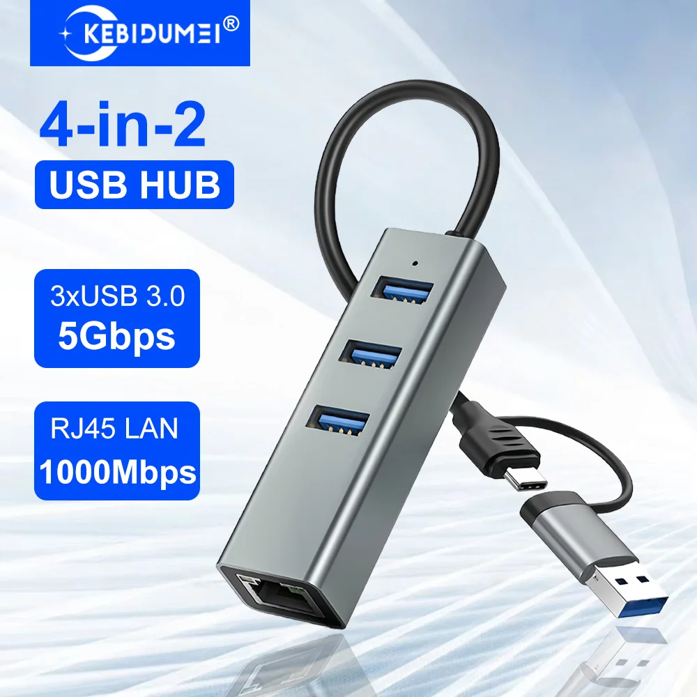 

4-в-2 USB-концентратор типа C с проводной гигабитным портом Ethernet USB 3.0 HUB 5 Гбит/с Передача данных USB-адаптер OTG для ПК, ноутбука