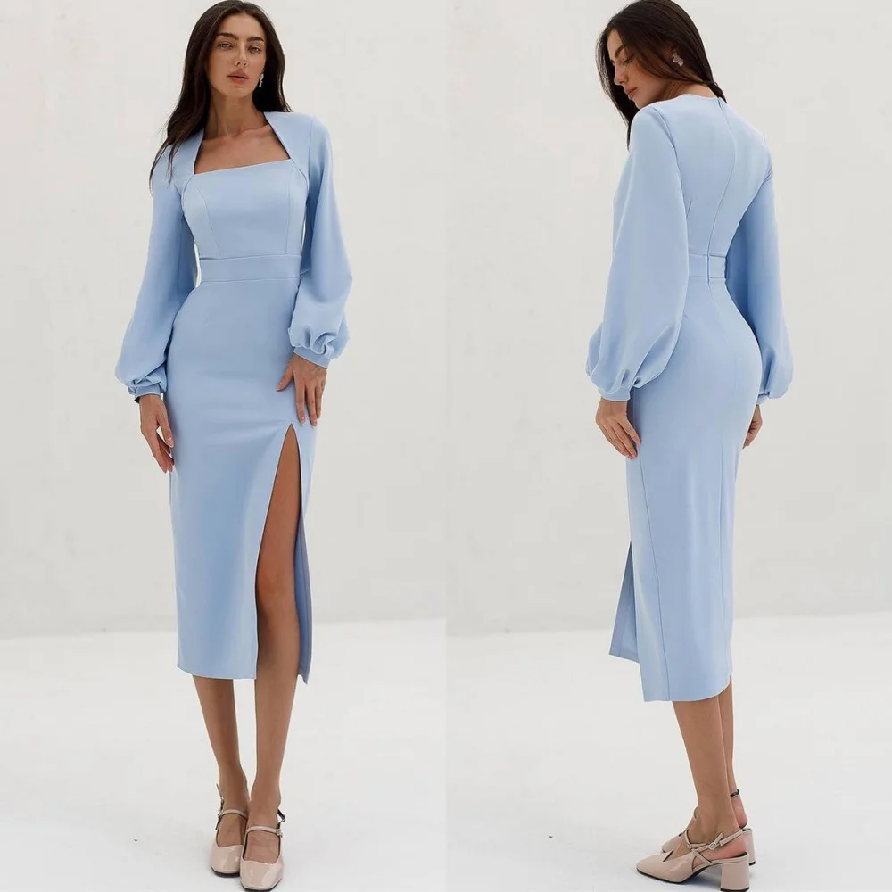 Robe de soirée en Jersey bleu moderne personnalisée, sans bretelles, manches longues, robes de célébrité, fermeture éclair au dos, robes de soirée