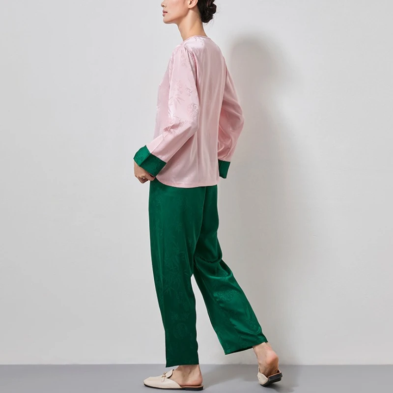 Krismile Women's Pajama Sets 2025 Spring Autumn New Chinese Style Jacquard Spliced Single Breasted Top Straight Pants Satin Suit