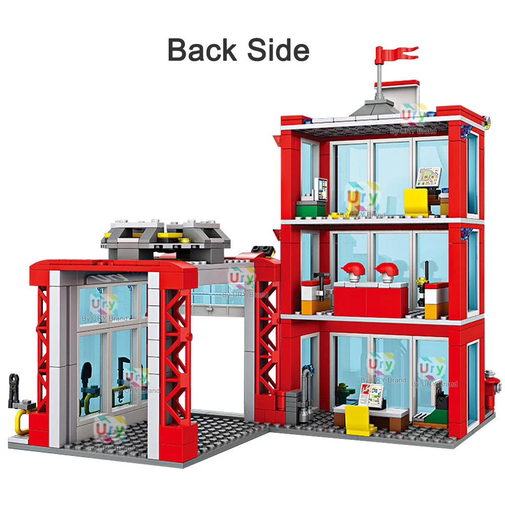 Stadt Feuerwache Leiter LKW Hubschrauber Auto Rettungsboot Feuerwehrmann Figur Flugzeug Modell Moc Bausteine Spielzeug für Jungen Geschenk – Detail 7