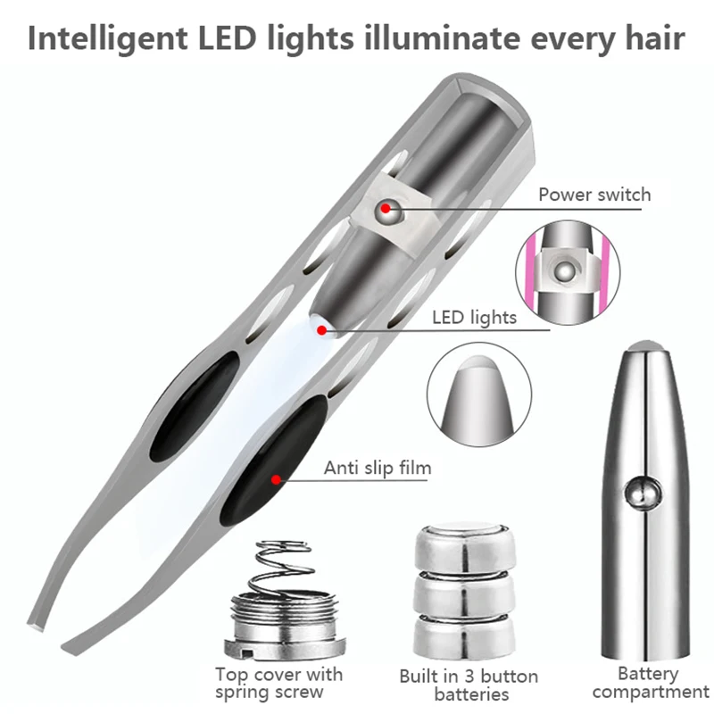 眉毛を取り除くための4穴のLEDピンセット,ステンレス鋼,美容ツール