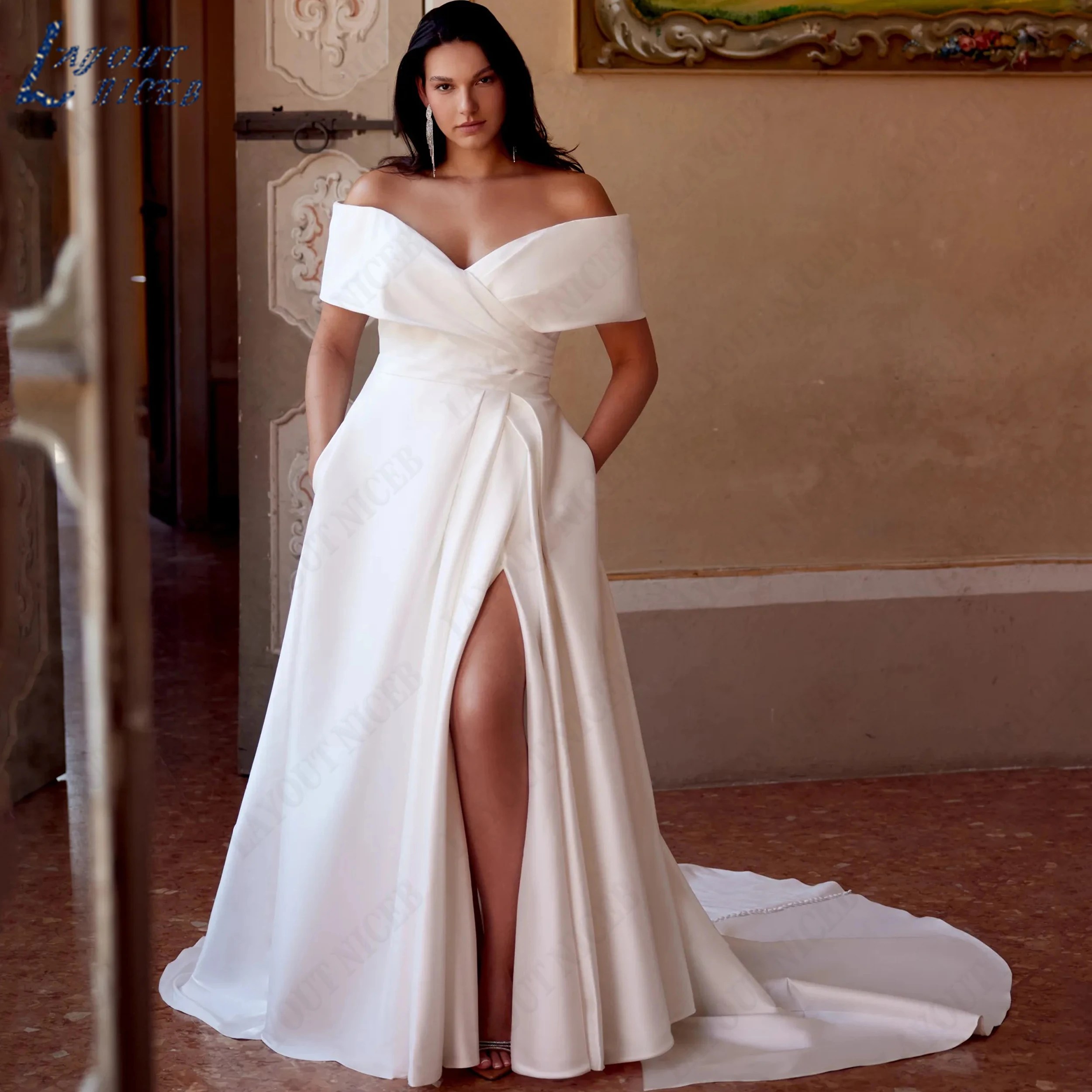 LAYOUT NICEB Satin With Slit Weddings Dress Off The Shoulder Bridal Gown Boat Neck Simple Wedding Dresses Bride Custom Made