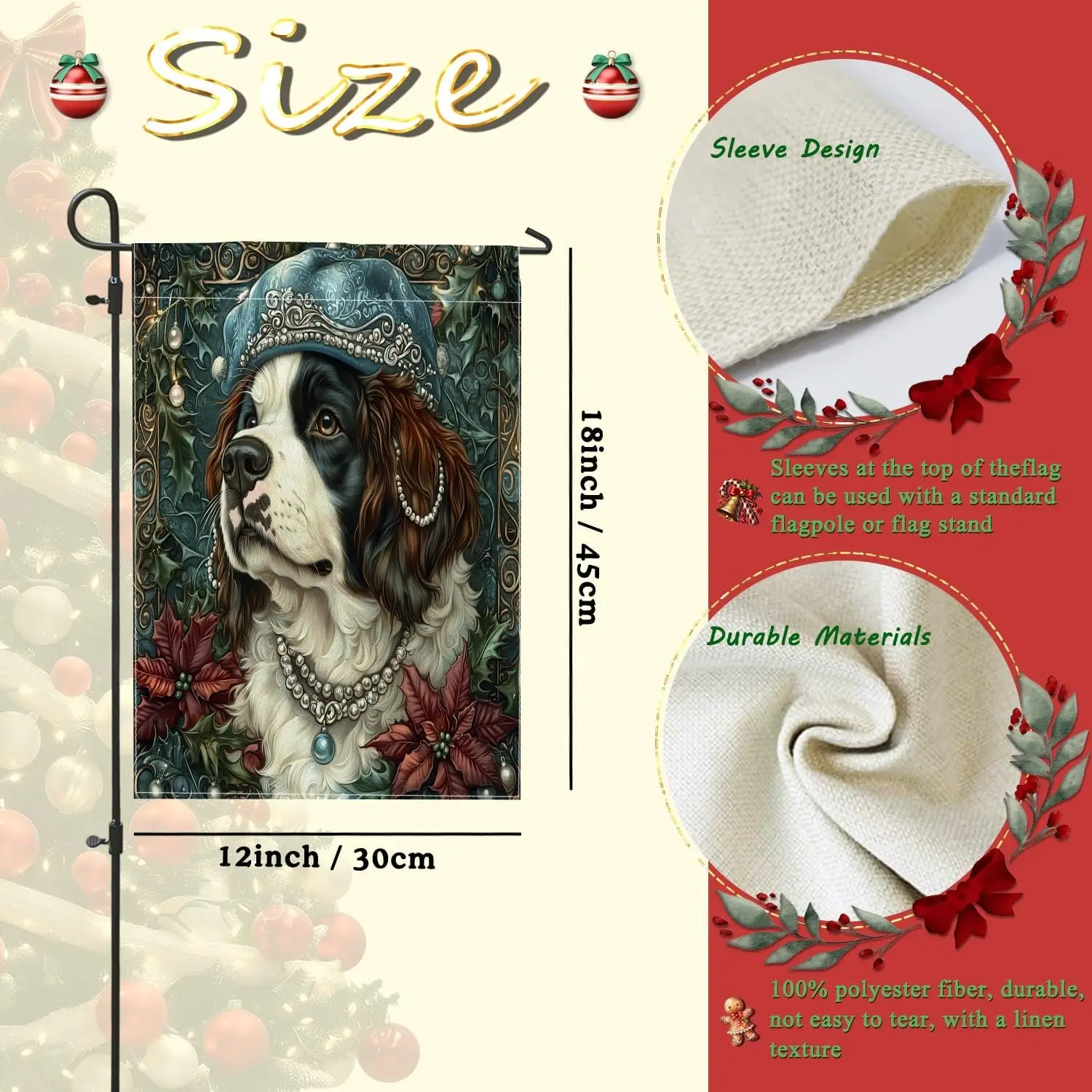 Vintage Christmas St. Bernard Dog Garden Flags 12”x18” Double Sided for Outside Decorative, Retro Xmas Puppy FrontYard Canva IIC