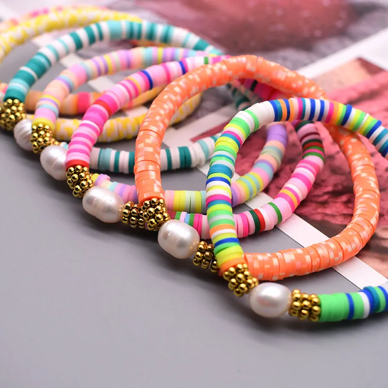 Boho Pearl Charm Bracelets Polymer Clay Disc 6mm Beaded Bracelet For Female Summer Beach Bracelets Women 2022 Fashion Jewelry