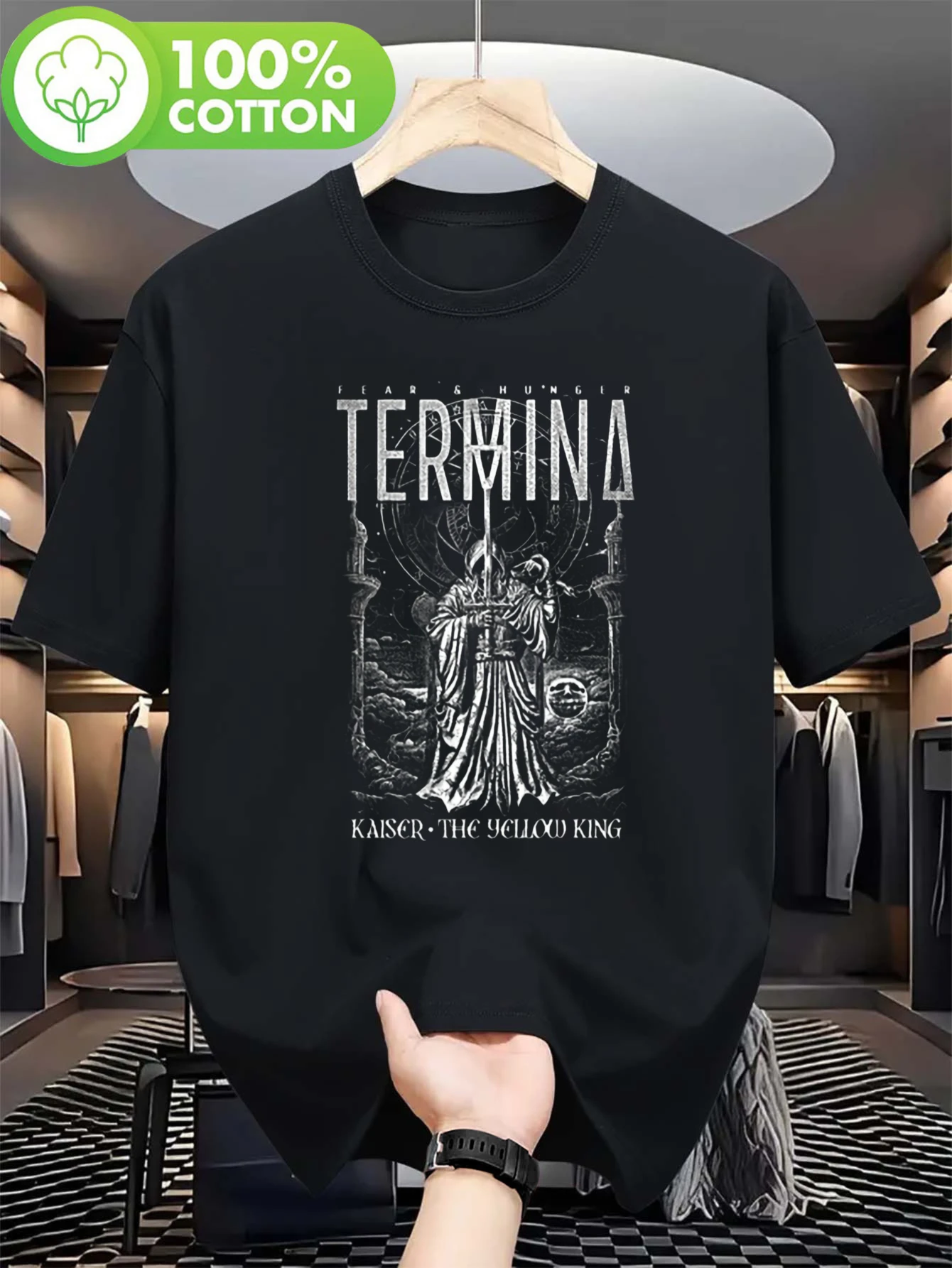 T-shirt noir à col rond pour hommes avec les personnages Fear And Hunger, Termina, Kaiser et The Yellow King, disponible dans les tailles S, M, L, XL, 2XL et XXL