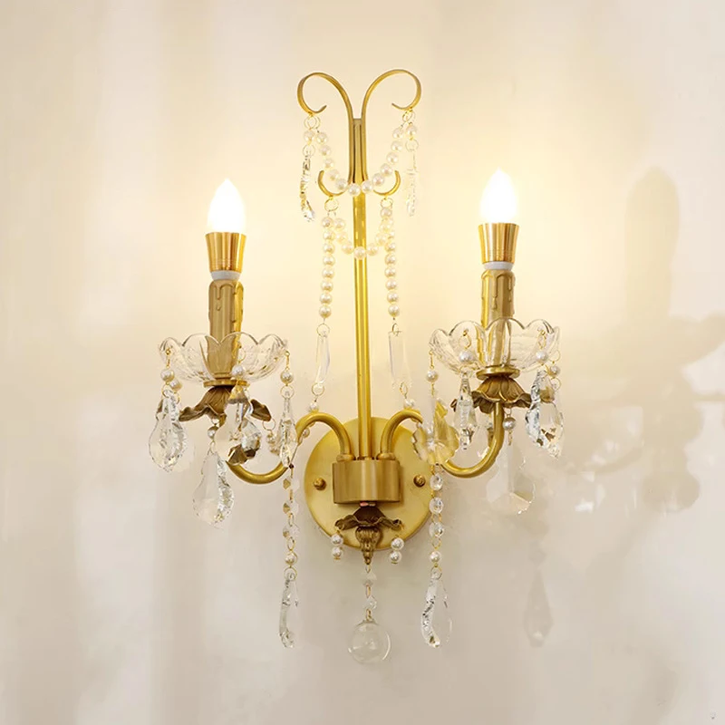 

French Retro Crystal Pearl Wall Lamp For Living Room Candle Light Home Decoration Lighting Bedroom Bedside Lustre Lamps Fixtures