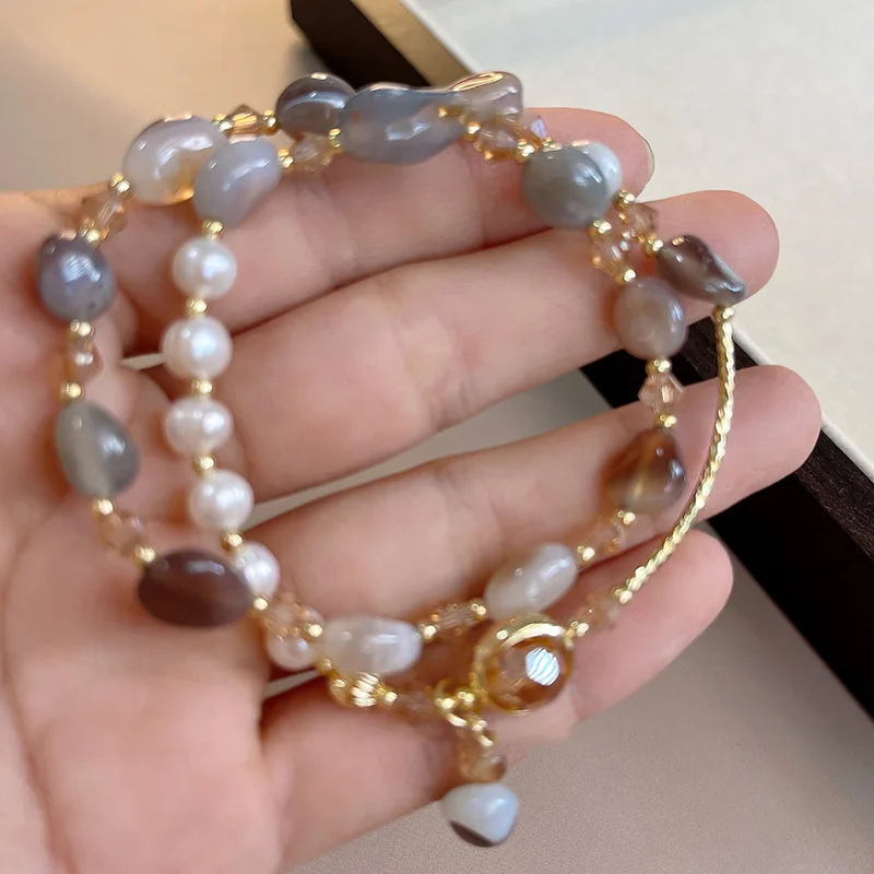 South Korea Elegant Pearl Crystal Jade Double Round Bracelet For Women Fashion Sweet Crystal Geometry Jewelry Party Gifts