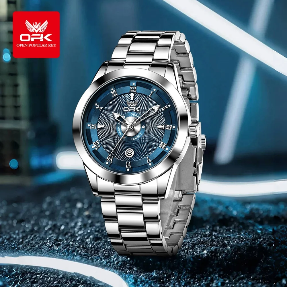 OPK 6056 Men's Quartz Watches Steel Strap Waterproof Luminous Auto Date Simple Fashion Causal Business Men's Wristwatches