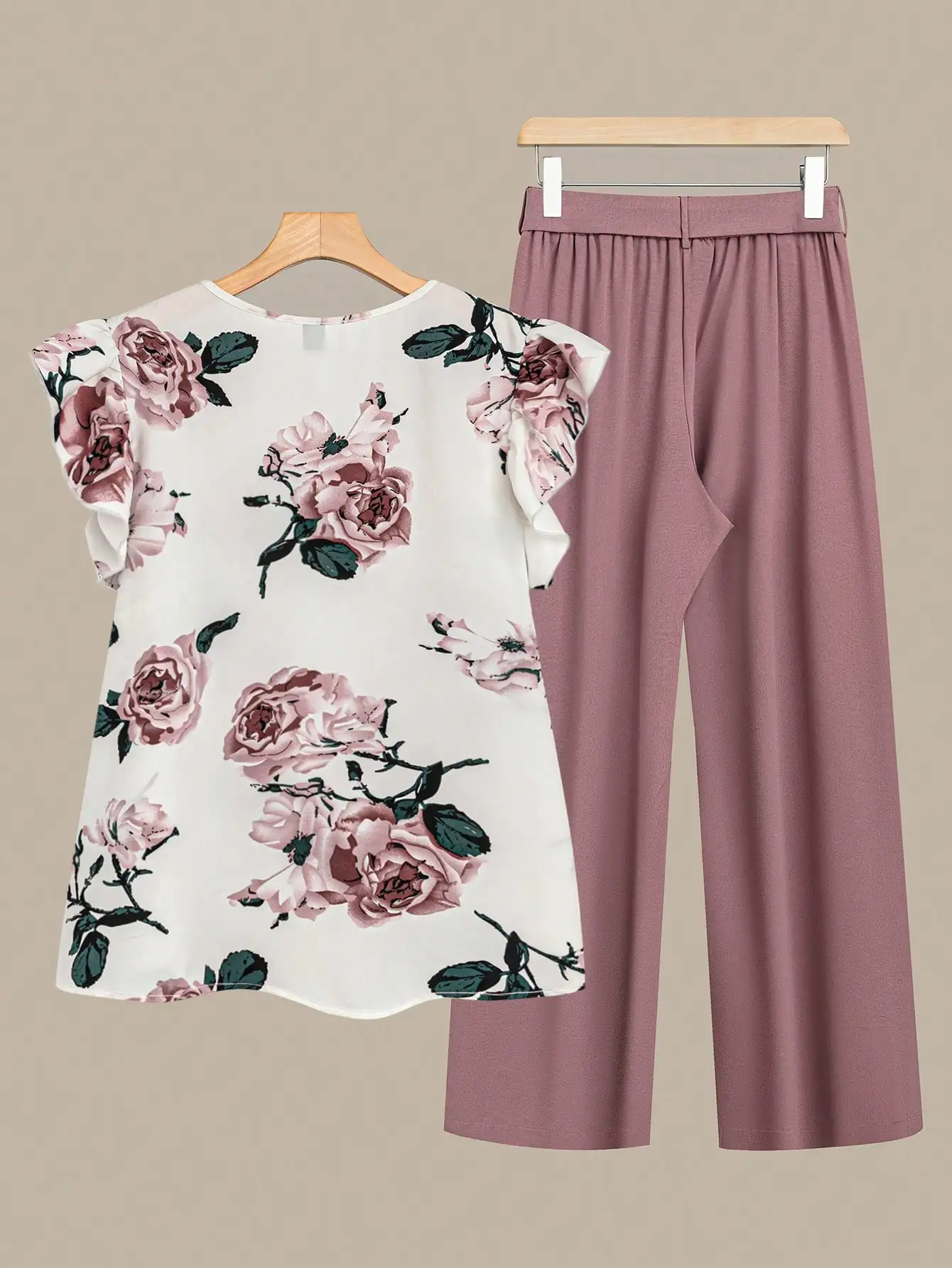 

Plus Size Women Floral Print Ruffle Sleeve Top And Belted Pants Summer