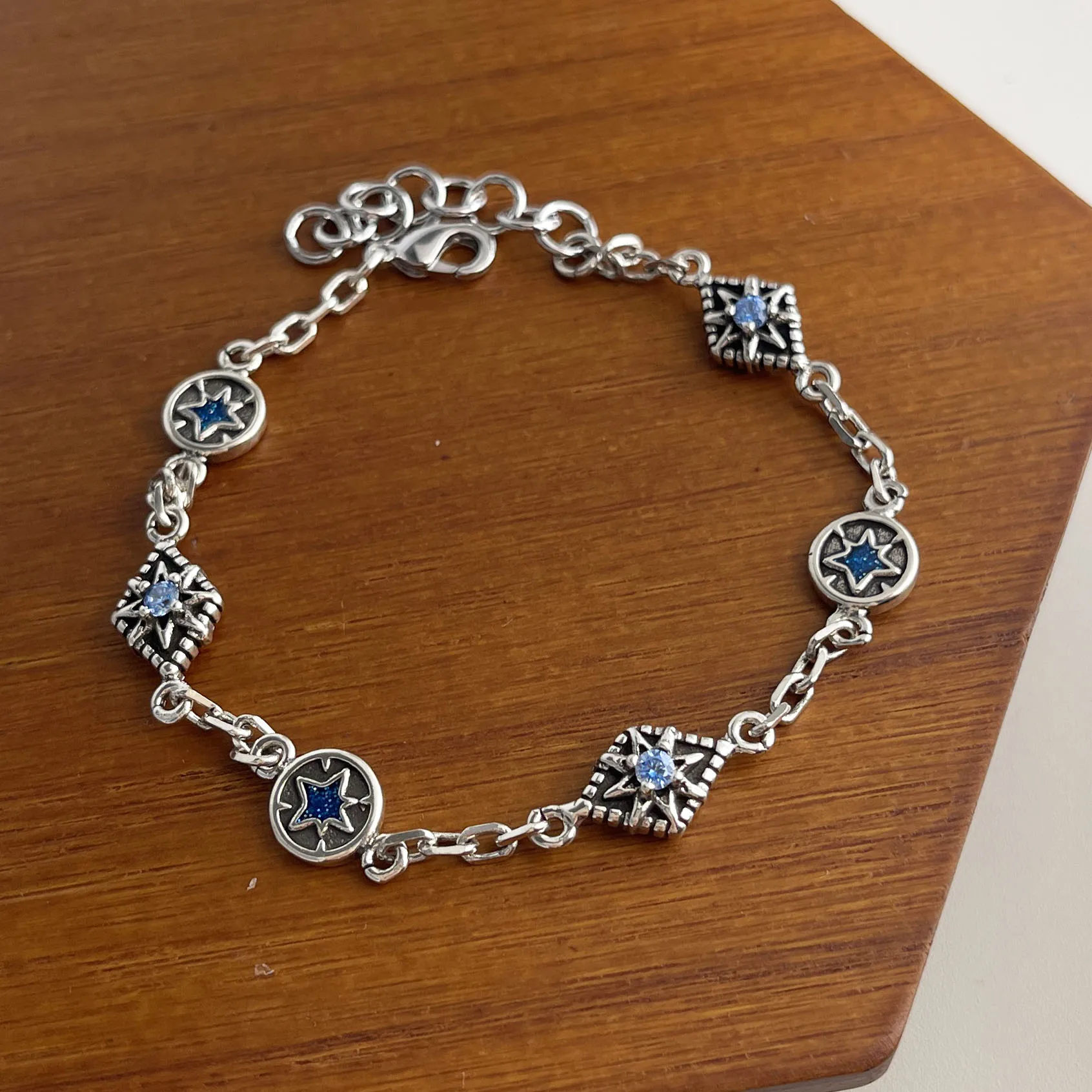 100% Solid 925 Sterling Silver Metal Bracelet for Women Vintage Handmade Simple Retro Blue Zircon Bracelet Birthday Gift Party