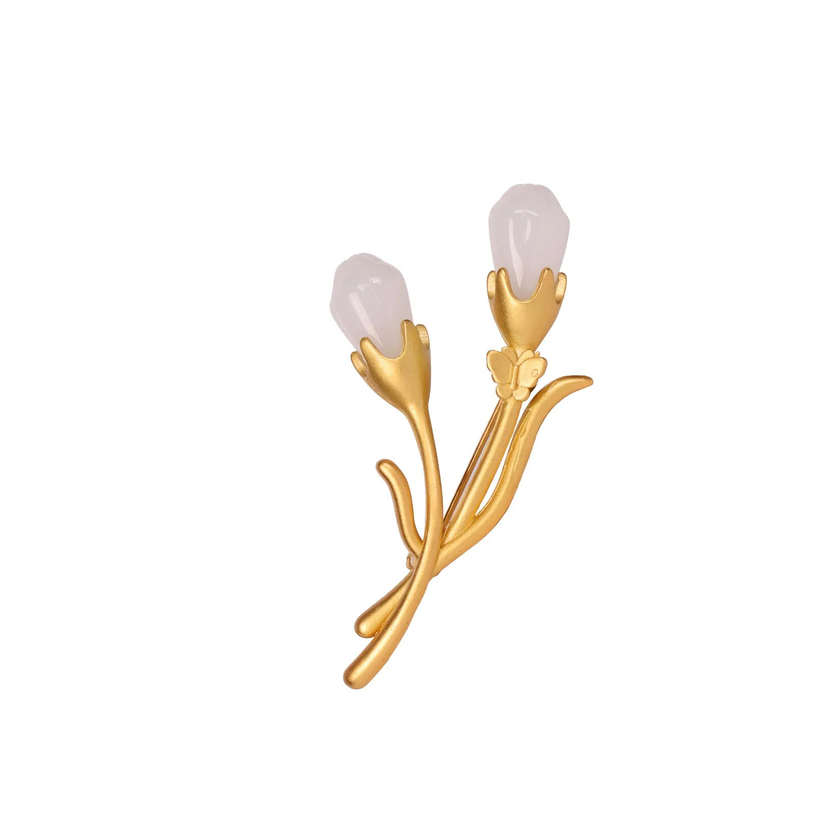 Vintage Chinese Style Auspicious Magnolia Brooch Gold Plated Inlaid White Jade Elegant Cheongsam Hanfu Matching Jewelry For Wome