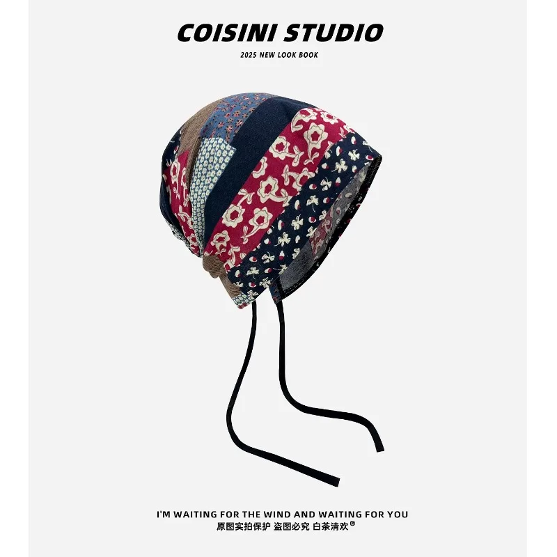 

Niche Personalized Color Splicing Printing Strap Pullover Hat Women Summer Ethnic Style Breathable Big Head Skull Beanie Cap