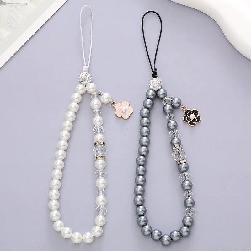 Mobile Phone Charm Strap For Women With Pearl Small Flower Pendant Cell Phone Lanyard Beaded Chain For Mobile Phone Case