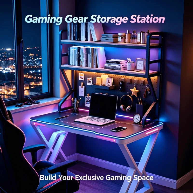 2-Tier Black Metal Pegboard Desk Storage Rack, Headset Controller Books, Monitor Stand for Home Office Gaming Bedroom