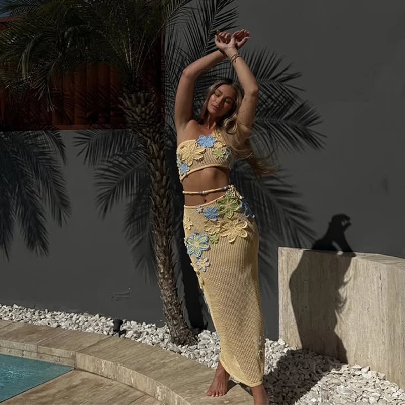 

Crochet 2 Piece Set Women Sexy Vacation One Shoulder Applique Tank Tops+Hollow High-Waist Skirts Matching Clubwear