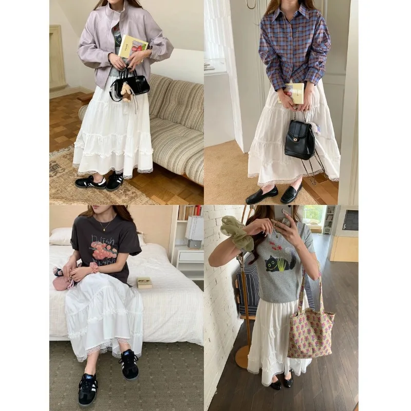 Women White Tiered Maxi Skirt Lace Trim Ruffled Detail High Waist Flowy Skirt Sweet Casual Fashion Elegant Style Skirt E0YB