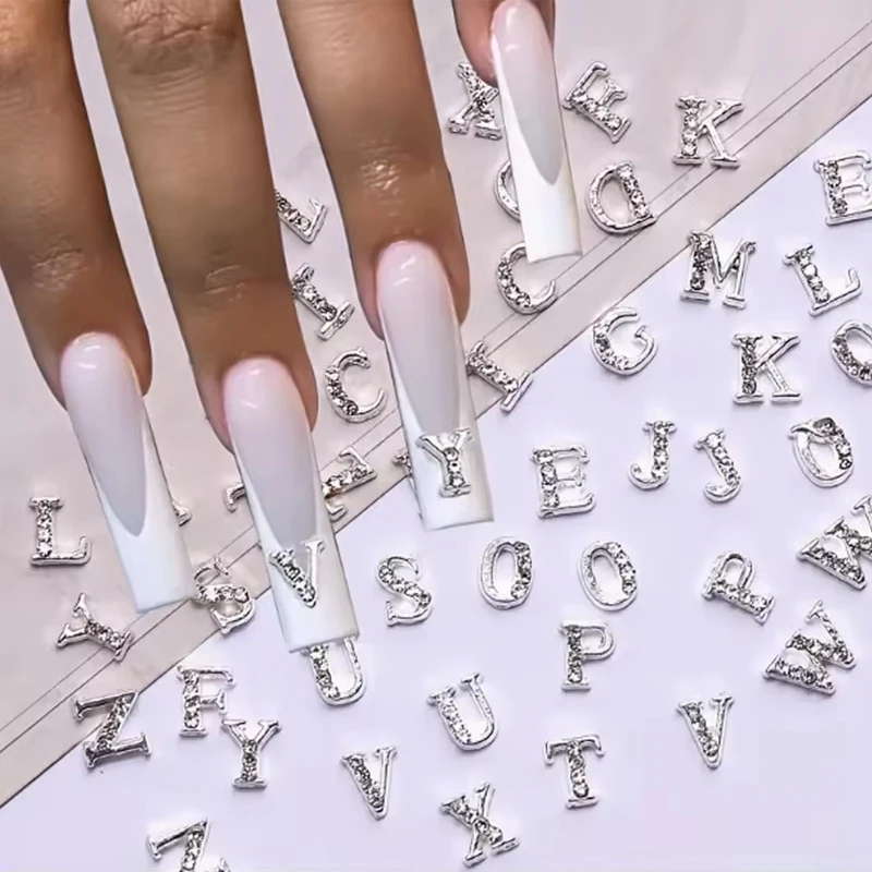 

26Pcs Silver Rhinestone Alphabet Nail Charms Set-A-Z Letters Nail Gems,Custom Name Initial Nail Art Decorations for DIY Nail