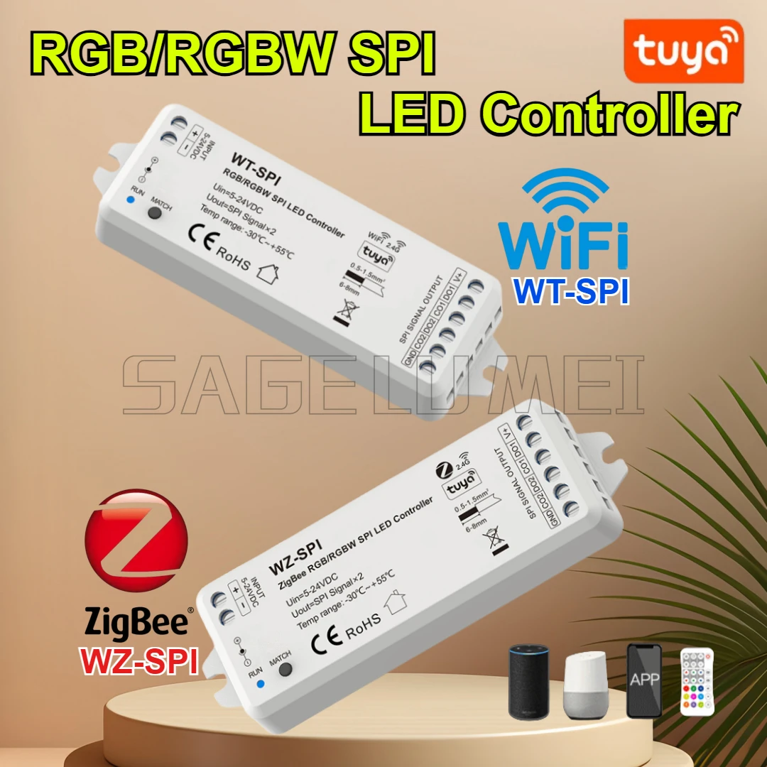 Tuya WiFi Zigbee+RF SPI LED Controller WT-SPI/WZ-SPI DC5V-24V WS2811 Ws2812 Ws2815 SK6812 RGB/RGBW LED Strip Pixel Modules Light