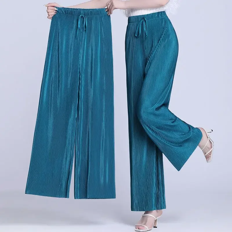 Moda plissada calças de perna larga para mulheres primavera e verão harajuku casual rendas até cintura alta elástica perna reta pants2015