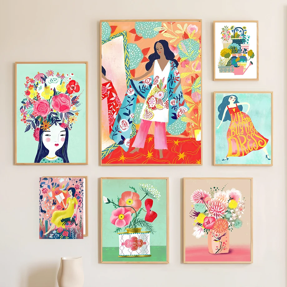 Boho Folk Art Canvas Painting Colorful Floral Woman Girl Poster Gallery Wall Art Mural Print Home Picture Living Room Home Decor