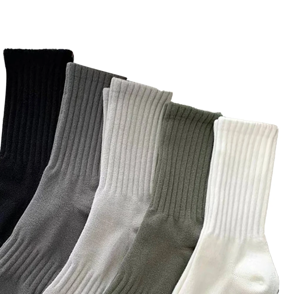 5 Pairs Men Solid Color Vertical Stripe Mid Tube Socks Trendy Versatile Round Neck Sock Breathable Sweat Absorbing Casual Socks