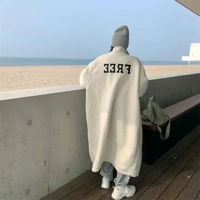 

Autumn Winter Sheepskin Long Sweatshirt Lazy Style Early Autumn Jacket BF Style Stand Collar Lamb Fur Knee-Length Coat Cardigan